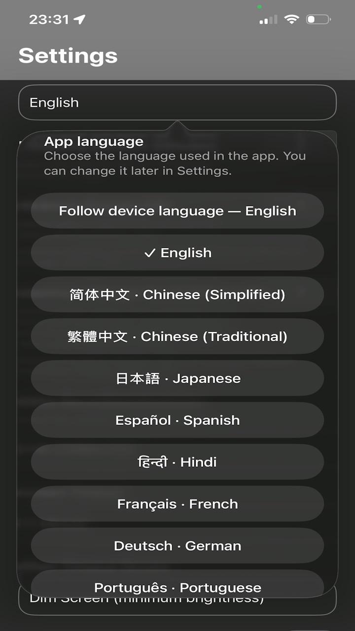 Language selection screen